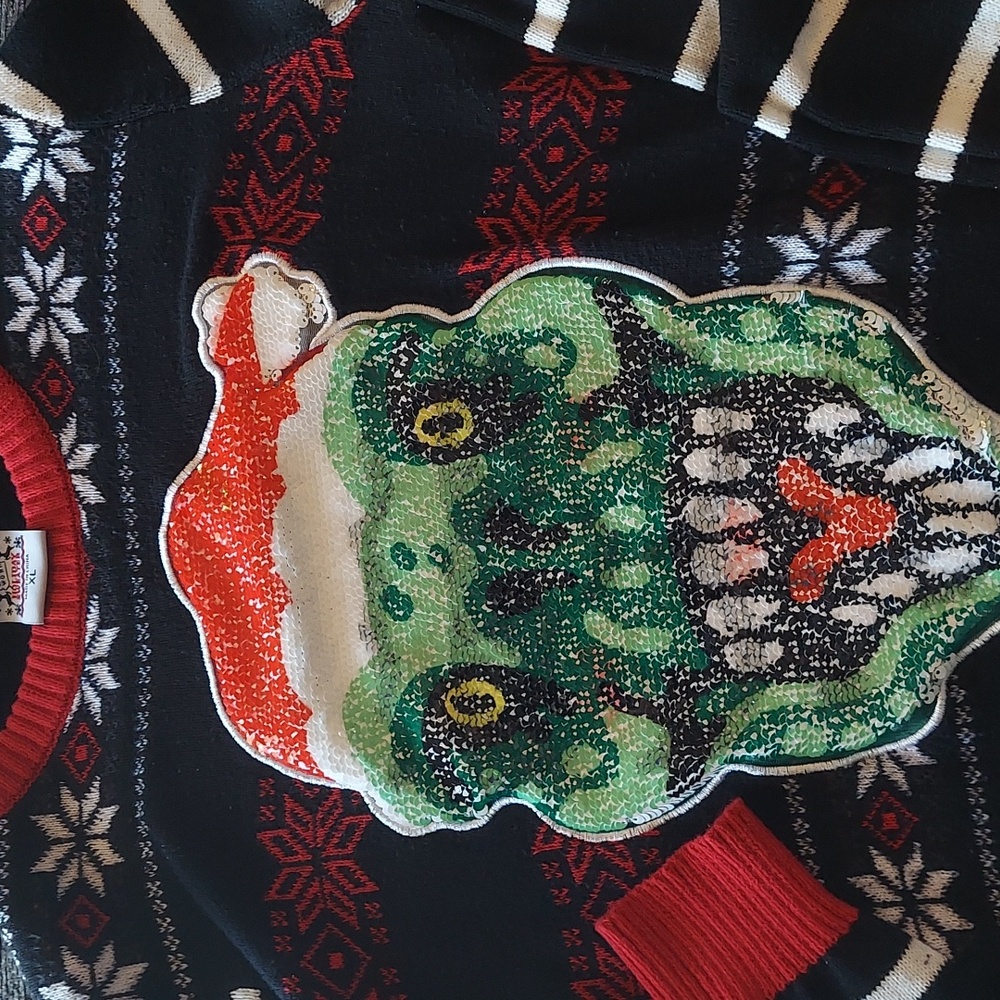 Holiday Sweater Sequin Changing Santa Face Dinosaur Head Size xl
